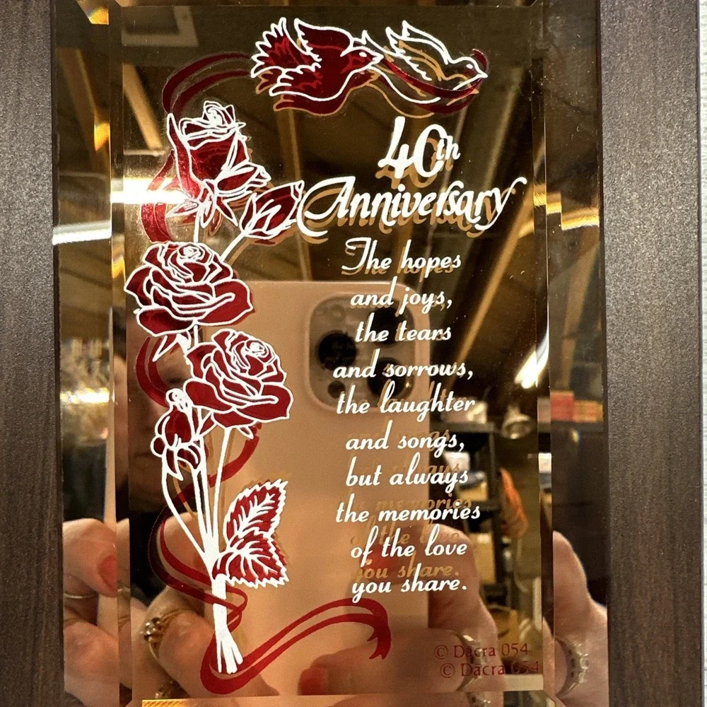 DARCA GLASS 40th Anniversary Glass Mirror Plaque‎ on Wood 7.75x5.75